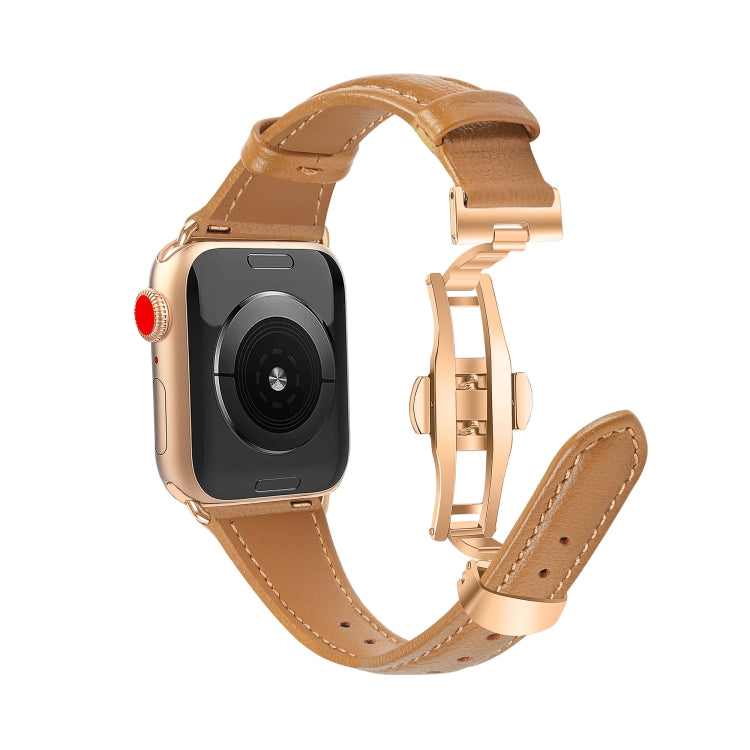 For Apple Watch Ultra 49mm Plain Leather Butterfly Buckle Watch Band(Brown+Rose Gold) - free shipping - PMC TechLife - Order now!