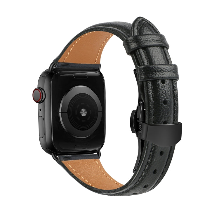 For Apple Watch Series 8 45mm Plain Leather Butterfly Buckle Watch Band(Black+Black) - Watch Bands by PMC TechLife | Online Shopping South Africa | PMC TechLife | Buy Now Pay Later Mobicred