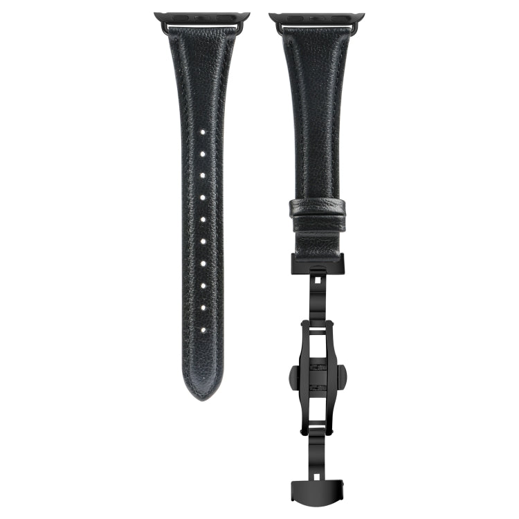 For Apple Watch Series 8 45mm Plain Leather Butterfly Buckle Watch Band(Black+Black) - Watch Bands by PMC TechLife | Online Shopping South Africa | PMC TechLife | Buy Now Pay Later Mobicred