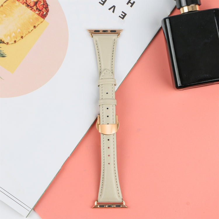 For Apple Watch Series 8 45mm Plain Leather Butterfly Buckle Watch Band(Beige+Rose Gold) - free shipping - PMC TechLife - Order now!
