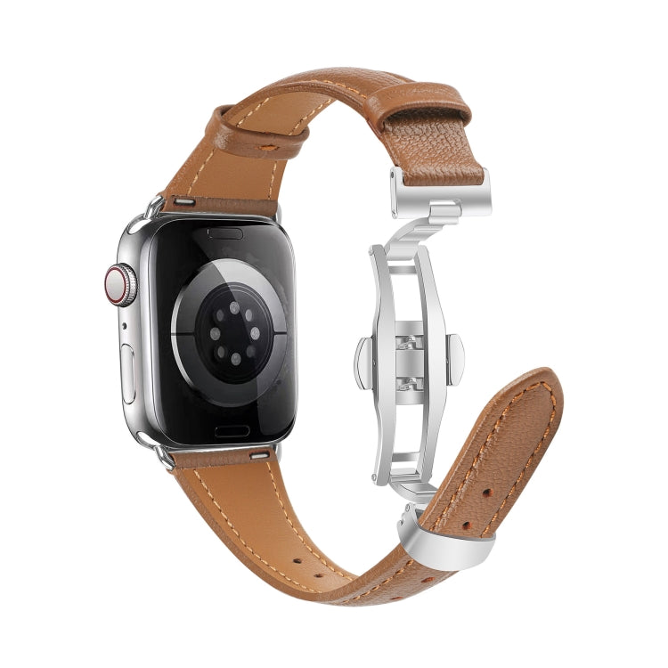 For Apple Watch SE 2022 40mm Plain Leather Butterfly Buckle Watch Band(Dark Brown+Silver) - free shipping - PMC TechLife - Order now!