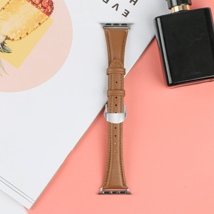 For Apple Watch SE 2022 44mm Plain Leather Butterfly Buckle Watch Band(Dark Brown+Silver) - free shipping - PMC TechLife - Order now!