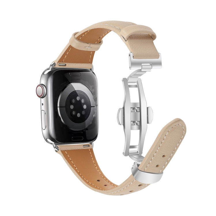 For Apple Watch Series 6 40mm Plain Leather Butterfly Buckle Watch Band(Apricot+Silver) - free shipping - PMC TechLife - Order now!