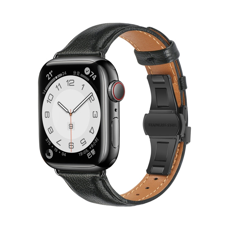 For Apple Watch Series 6 44mm Plain Leather Butterfly Buckle Watch Band(Black+Black) - Watch Bands by PMC TechLife | Online Shopping South Africa | PMC TechLife | Buy Now Pay Later Mobicred