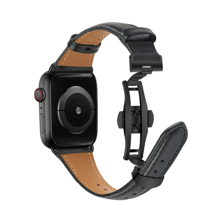 For Apple Watch Series 6 44mm Plain Leather Butterfly Buckle Watch Band(Black+Black) - Watch Bands by PMC TechLife | Online Shopping South Africa | PMC TechLife | Buy Now Pay Later Mobicred