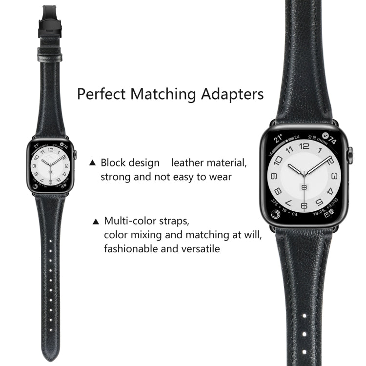 For Apple Watch Series 6 44mm Plain Leather Butterfly Buckle Watch Band(Black+Black) - Watch Bands by PMC TechLife | Online Shopping South Africa | PMC TechLife | Buy Now Pay Later Mobicred