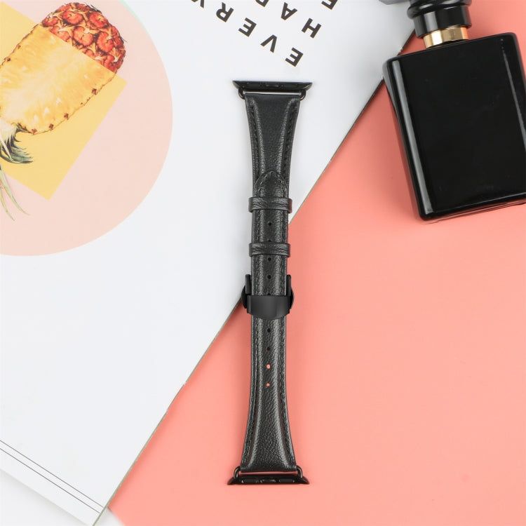 For Apple Watch Series 6 44mm Plain Leather Butterfly Buckle Watch Band(Black+Black) - Watch Bands by PMC TechLife | Online Shopping South Africa | PMC TechLife | Buy Now Pay Later Mobicred