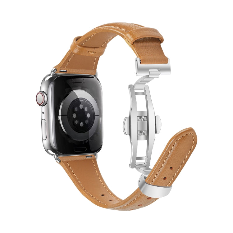 For Apple Watch Series 5 44mm Plain Leather Butterfly Buckle Watch Band(Brown+Silver) - free shipping - PMC TechLife - Order now!