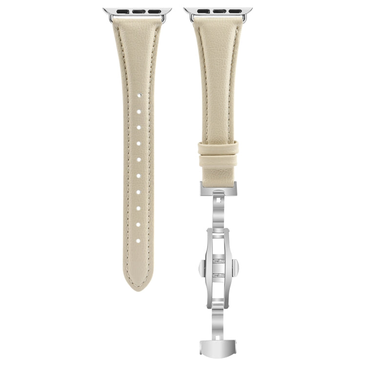 For Apple Watch Series 4 44mm Plain Leather Butterfly Buckle Watch Band(Beige+Silver) - free shipping - PMC TechLife - Order now!
