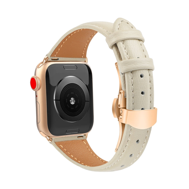 For Apple Watch Series 4 44mm Plain Leather Butterfly Buckle Watch Band(Beige+Rose Gold) - free shipping - PMC TechLife - Order now!