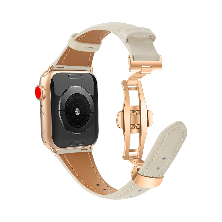 For Apple Watch Series 4 44mm Plain Leather Butterfly Buckle Watch Band(Beige+Rose Gold) - free shipping - PMC TechLife - Order now!
