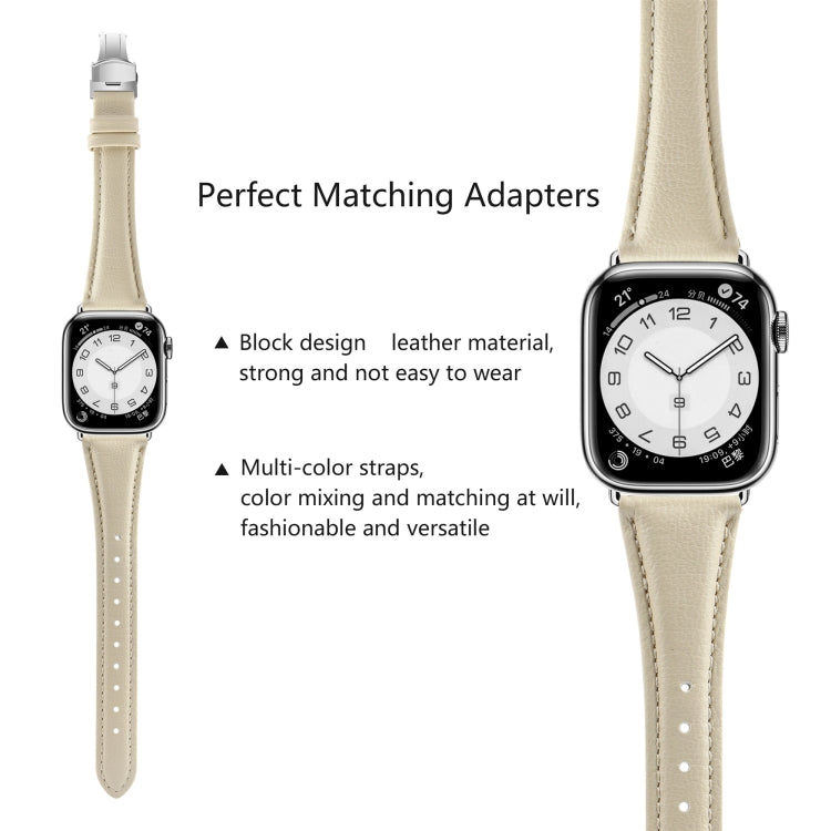For Apple Watch Series 3 42mm Plain Leather Butterfly Buckle Watch Band(Beige+Silver) - free shipping - PMC TechLife - Order now!