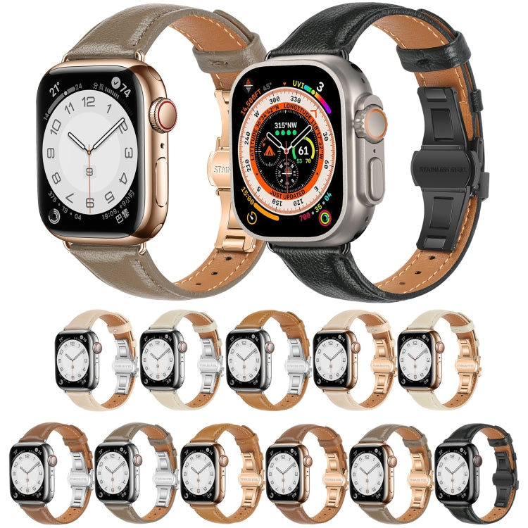 For Apple Watch Series 8 45mm Plain Leather Butterfly Buckle Watch Band(Brown+Silver) - free shipping - PMC TechLife - Order now!