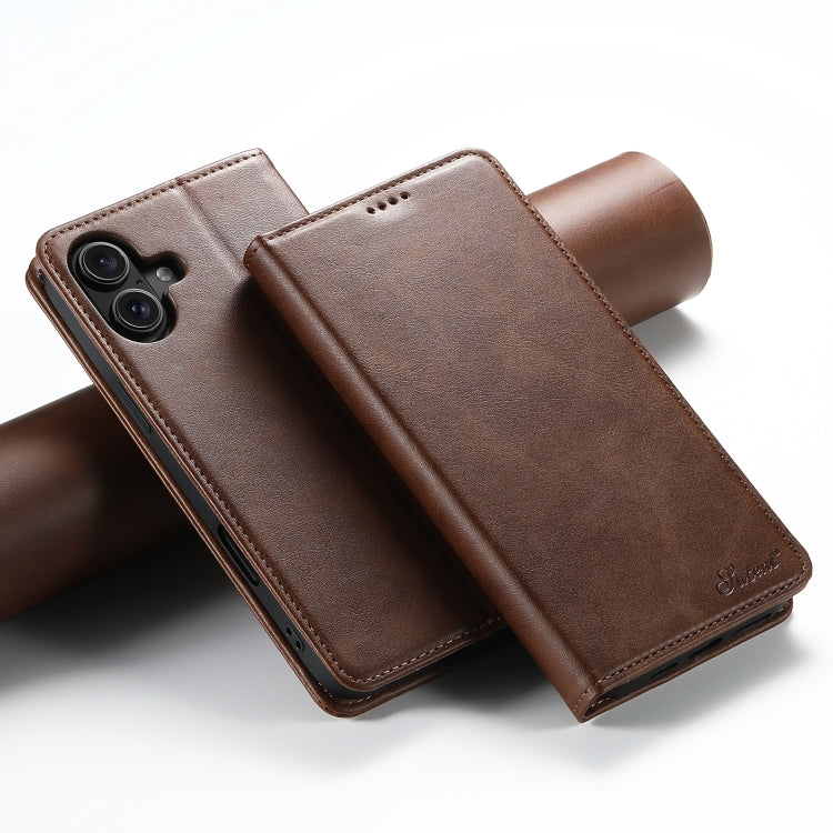 For iPhone 16 Suteni Calf Texture Horizontal Flip Leather Phone Case(Brown) - free shipping - PMC Jewellery - Order now!