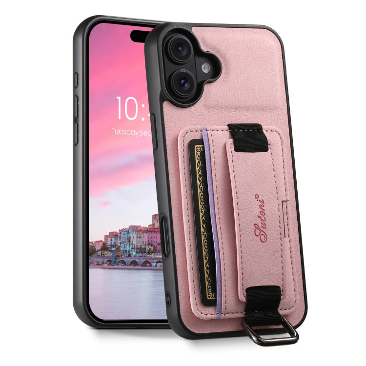 For iPhone 16 Plus Suteni H13 Litchi Leather Wrist Strap Wallet Back Phone Case(Pink) - free shipping - PMC Jewellery - Order now!