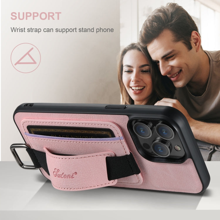 For iPhone 16 Plus Suteni H13 Litchi Leather Wrist Strap Wallet Back Phone Case(Pink) - free shipping - PMC Jewellery - Order now!