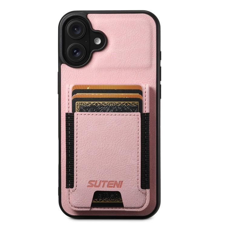 For iPhone 16 Suteni H03 Litchi Leather Card Bag Stand Back Phone Case(Pink) - free shipping - PMC Jewellery - Order now!