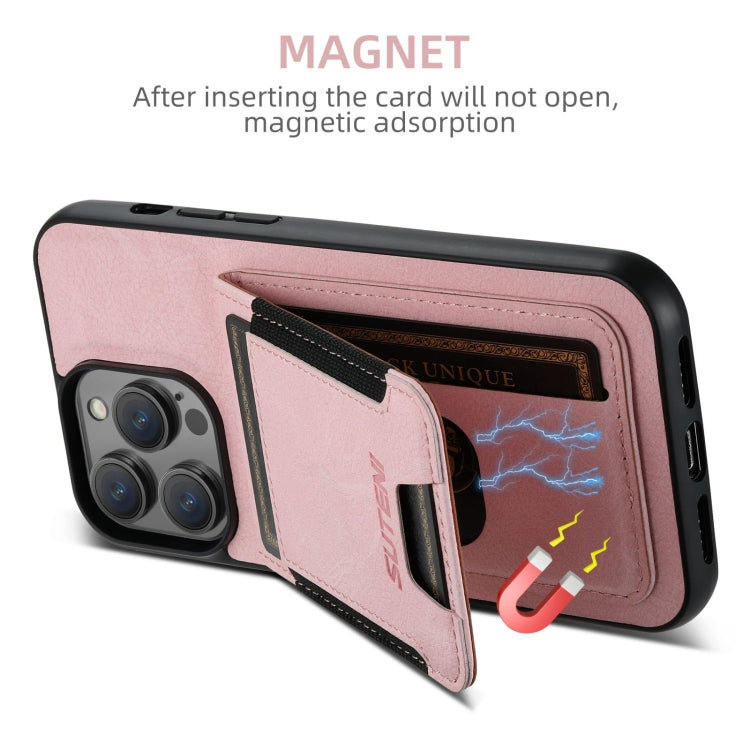 For iPhone 16 Suteni H03 Litchi Leather Card Bag Stand Back Phone Case(Pink) - free shipping - PMC Jewellery - Order now!
