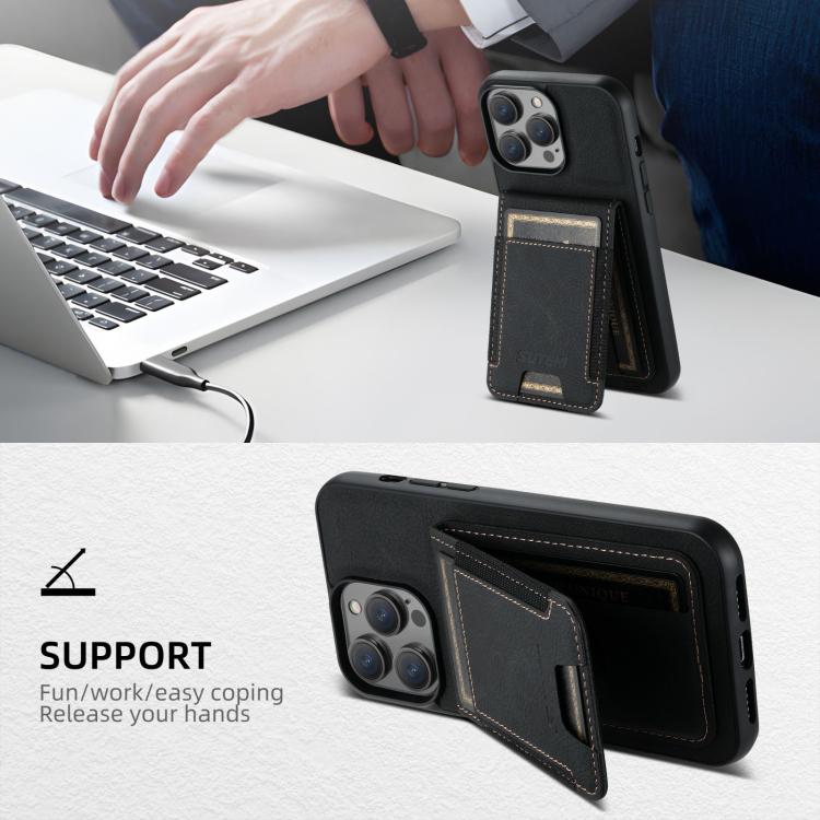 For iPhone 16e Suteni H03 Litchi Leather Card Bag Stand Back Phone Case(Black) - iPhone 16e Cases by Suteni | Online Shopping South Africa | PMC TechLife | Buy Now Pay Later Mobicred