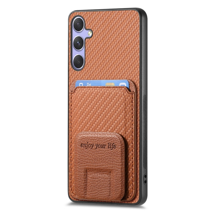 For Samsung Galaxy S25 5G Carbon Fiber Card Bag Fold Stand Phone Case(Brown) -  by PMC Jewellery | Online Shopping South Africa | PMC Jewellery | Buy Now Pay Later Mobicred