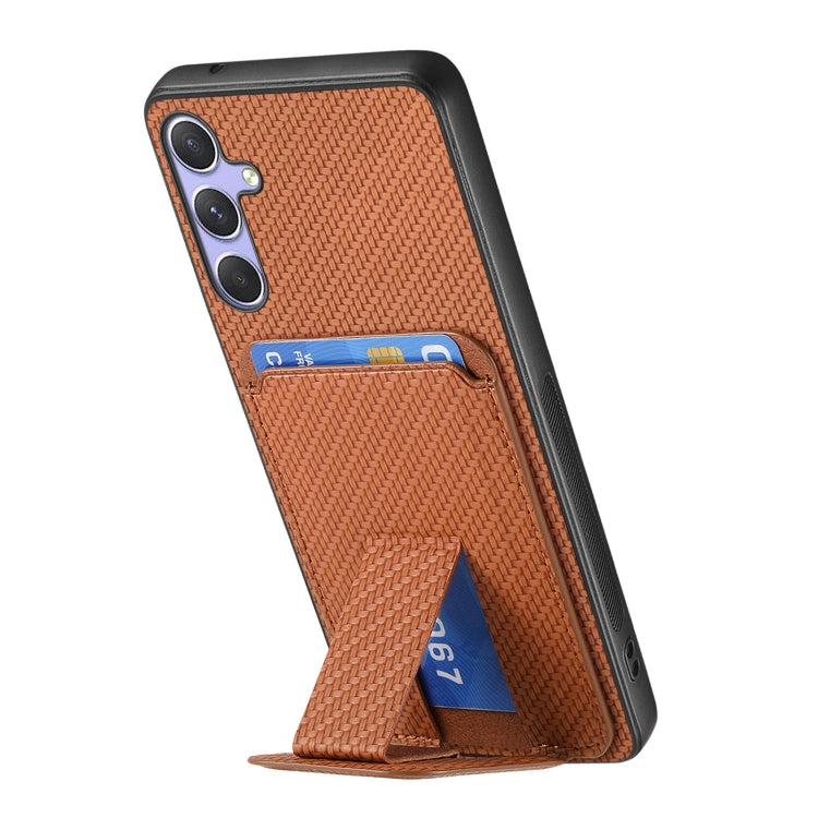 For Samsung Galaxy S25 5G Carbon Fiber Card Bag Fold Stand Phone Case(Brown) -  by PMC Jewellery | Online Shopping South Africa | PMC Jewellery | Buy Now Pay Later Mobicred