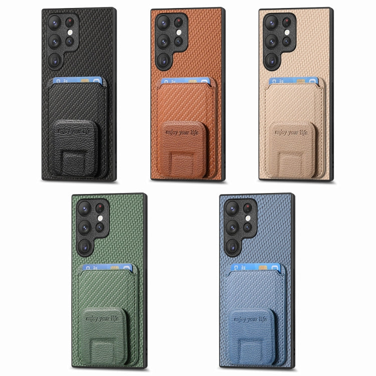 For Samsung Galaxy S25 5G Carbon Fiber Card Bag Fold Stand Phone Case(Brown) -  by PMC Jewellery | Online Shopping South Africa | PMC Jewellery | Buy Now Pay Later Mobicred