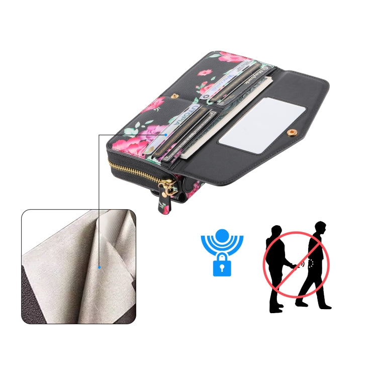 For Samsung Galaxy S24 5G Flower Multi-functional Crossbody Zipper Wallet Leather Phone Case(Black) - Galaxy S24 5G Cases by PMC Jewellery | Online Shopping South Africa | PMC Jewellery | Buy Now Pay Later Mobicred