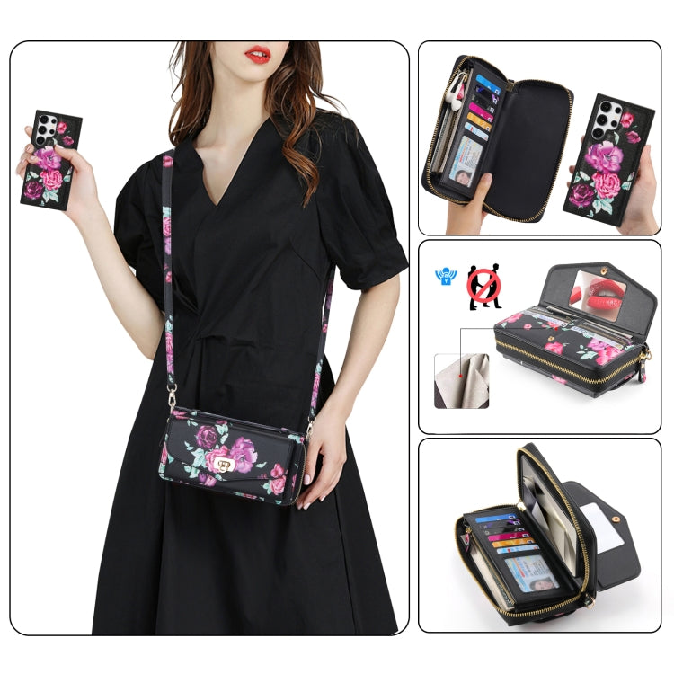 For Samsung Galaxy S24 5G Flower Multi-functional Crossbody Zipper Wallet Leather Phone Case(Black) - Galaxy S24 5G Cases by PMC Jewellery | Online Shopping South Africa | PMC Jewellery | Buy Now Pay Later Mobicred