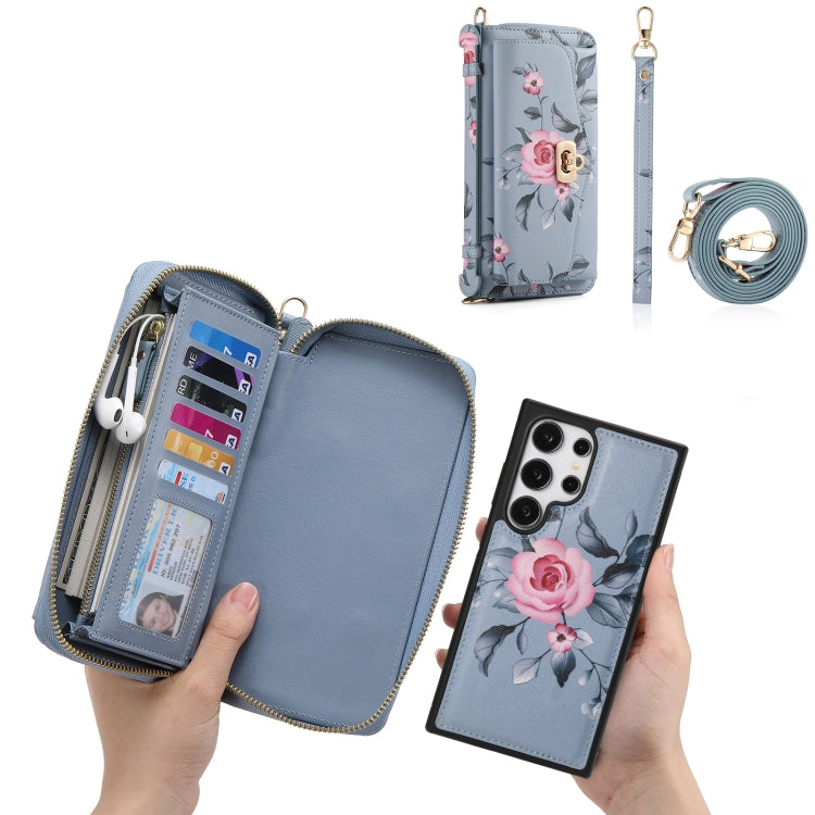 For Samsung Galaxy S24 5G Flower Multi-functional Crossbody Zipper Wallet Leather Phone Case(Blue) - Galaxy S24 5G Cases by PMC Jewellery | Online Shopping South Africa | PMC Jewellery | Buy Now Pay Later Mobicred