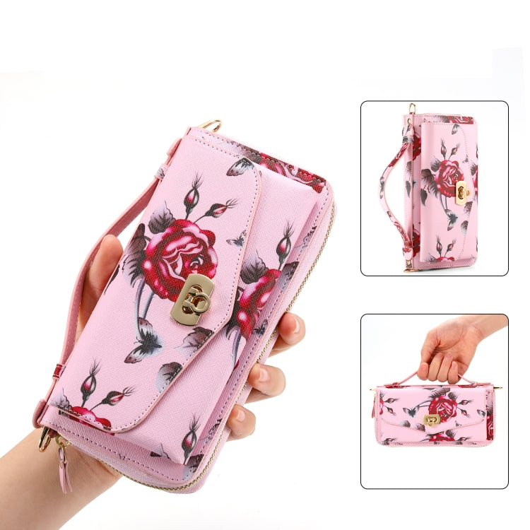 For Samsung Galaxy S24+ 5G Flower Multi-functional Crossbody Zipper Wallet Leather Phone Case(Pink) - Galaxy S24+ 5G Cases by PMC Jewellery | Online Shopping South Africa | PMC Jewellery | Buy Now Pay Later Mobicred