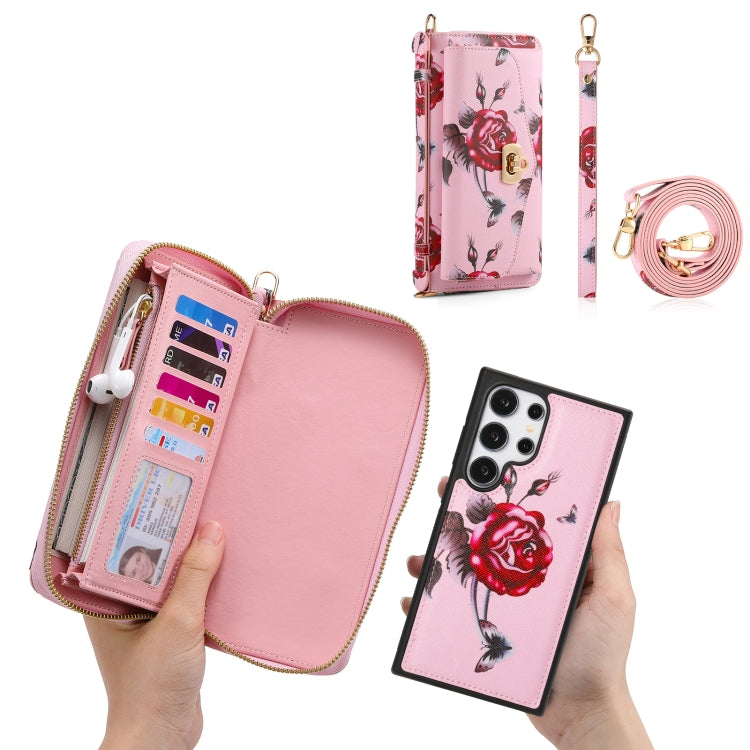 For Samsung Galaxy S24+ 5G Flower Multi-functional Crossbody Zipper Wallet Leather Phone Case(Pink) - Galaxy S24+ 5G Cases by PMC Jewellery | Online Shopping South Africa | PMC Jewellery | Buy Now Pay Later Mobicred