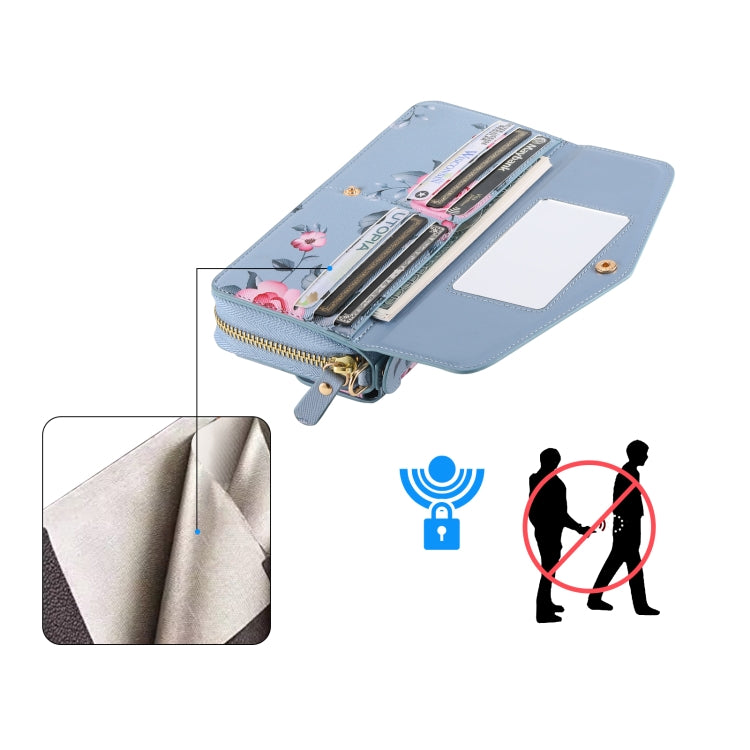 For Samsung Galaxy S24+ 5G Flower Multi-functional Crossbody Zipper Wallet Leather Phone Case(Blue) - Galaxy S24+ 5G Cases by PMC Jewellery | Online Shopping South Africa | PMC Jewellery | Buy Now Pay Later Mobicred