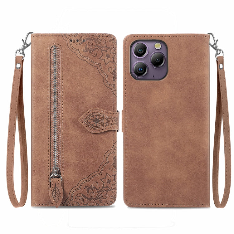 For Blackview A96 Embossed Flower Zipper Leather Phone Case(Brown) - More Brand by PMC TechLife | Online Shopping South Africa | PMC TechLife