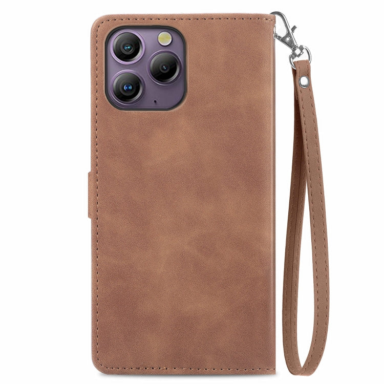 For Blackview A96 Embossed Flower Zipper Leather Phone Case(Brown) - More Brand by PMC TechLife | Online Shopping South Africa | PMC TechLife