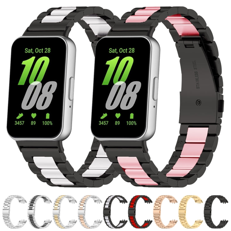 For Samsung Galaxy Fit 3 SM-R390 Three Bead Stainless Steel Metal Watch Band(Black+Silver) - Watch Bands by PMC TechLife | Online Shopping South Africa | PMC TechLife