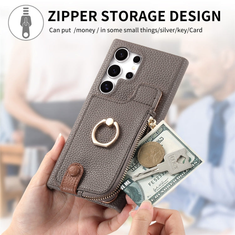For Samsung Galaxy S24 Ultra 5G Litchi Leather Oil Edge Ring Zipper Wallet Back Phone Case(Grey) - free shipping - PMC Jewellery - Order now!