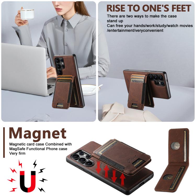 For Samsung Galaxy S25 Ultra 5G Suteni H17 Litchi Texture Leather MagSafe Detachable Wallet Phone Case(Brown) - Galaxy S25 Ultra 5G Cases by Suteni | Online Shopping South Africa | PMC TechLife | Buy Now Pay Later Mobicred