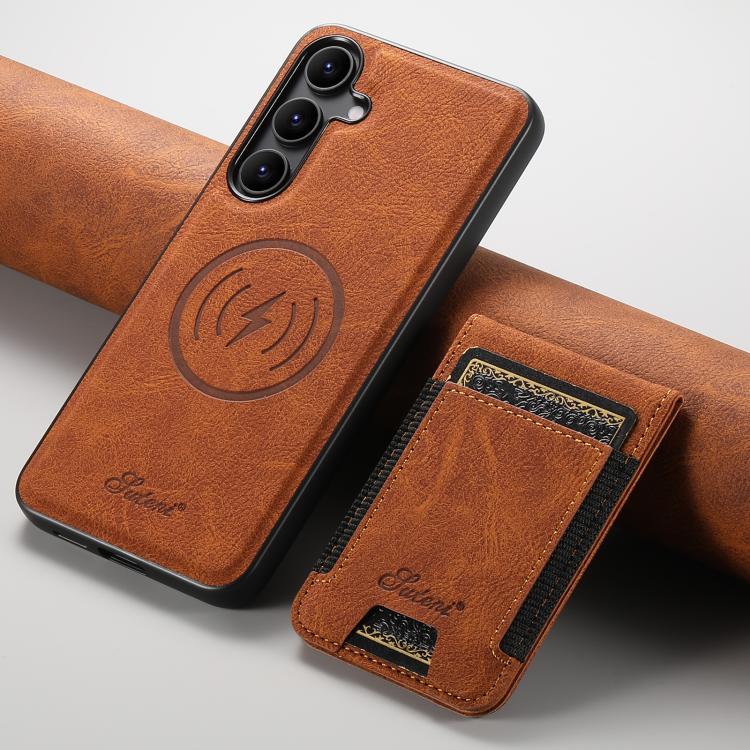 For Samsung Galaxy S25 5G Suteni H17 Litchi Texture Leather MagSafe Detachable Wallet Phone Case(Khaki) - Galaxy S25 5G Cases by Suteni | Online Shopping South Africa | PMC TechLife | Buy Now Pay Later Mobicred