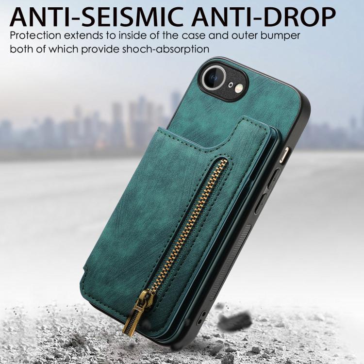For iPhone 16e Retro Leather Zipper Wallet Back Phone Case(Green) - iPhone 16e Cases by PMC TechLife | Online Shopping South Africa | PMC TechLife | Buy Now Pay Later Mobicred