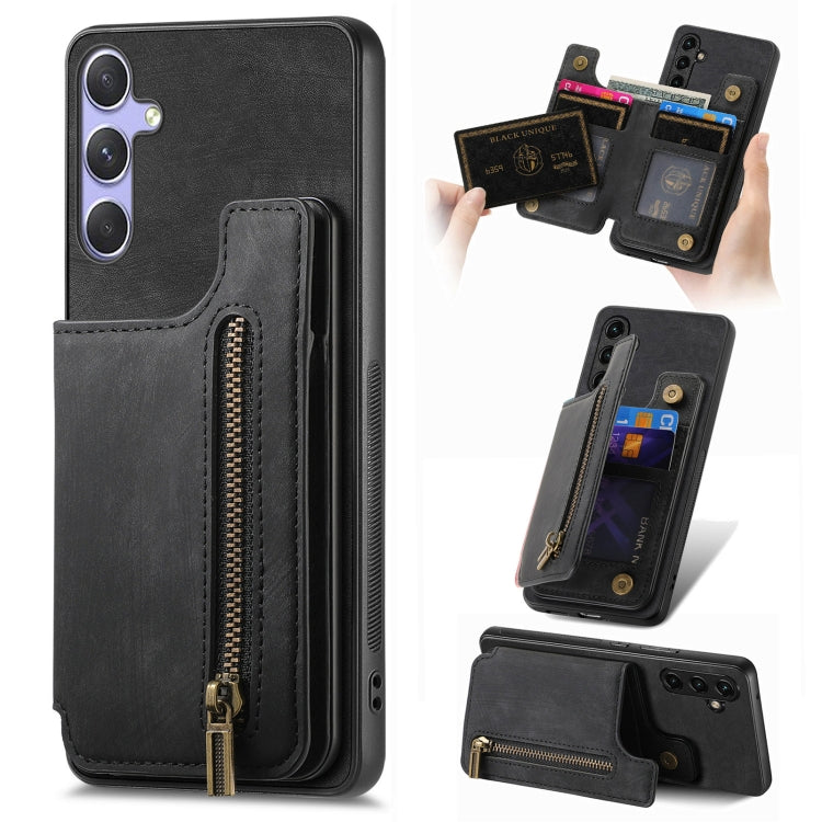 For Samsung Galaxy S25 5G Retro Leather Zipper Wallet Back Phone Case(Black) - free shipping - PMC Jewellery - Order now!