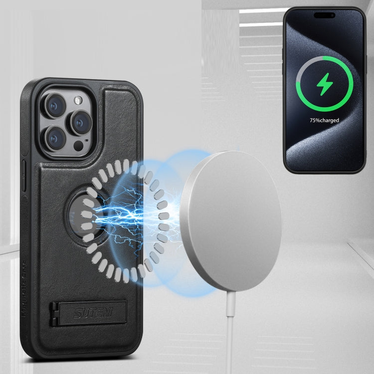 For iPhone 16 Pro Max Suteni G2 Magsafe Oil Wax Leather Back Phone Case with Holder(Black) - free shipping - PMC Jewellery - Order now!