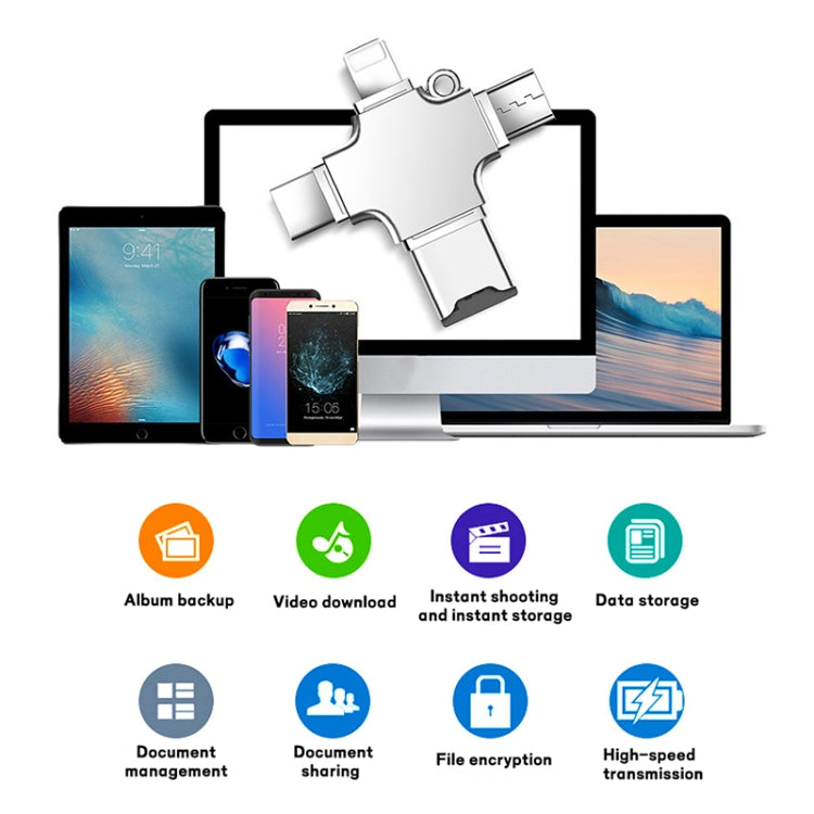 4 in 1 USB-C / Type-C  USB 2.0 + Micro USB + 8 Pin Adapter TF Card Reader, Memory Card:64GB(Sliver) - U Disk & Card Reader by PMC TechLife | Online Shopping South Africa | PMC TechLife | Buy Now Pay Later Mobicred