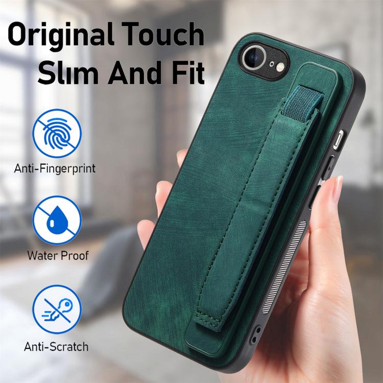 For iPhone 16e Retro Wristband Holder Leather Back Phone Case(Green) - iPhone 16e Cases by PMC TechLife | Online Shopping South Africa | PMC TechLife | Buy Now Pay Later Mobicred