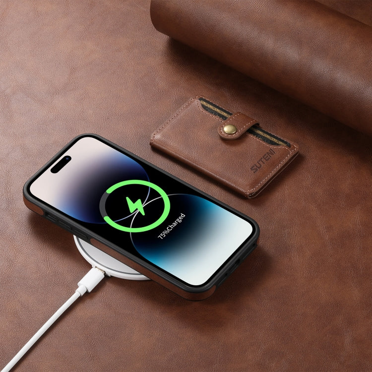 For iPhone 12 Pro Suteni M1 Oil Wax MagSafe Detachable Horizontal Card Bag Phone Case(Brown) - free shipping - PMC Jewellery - Order now!