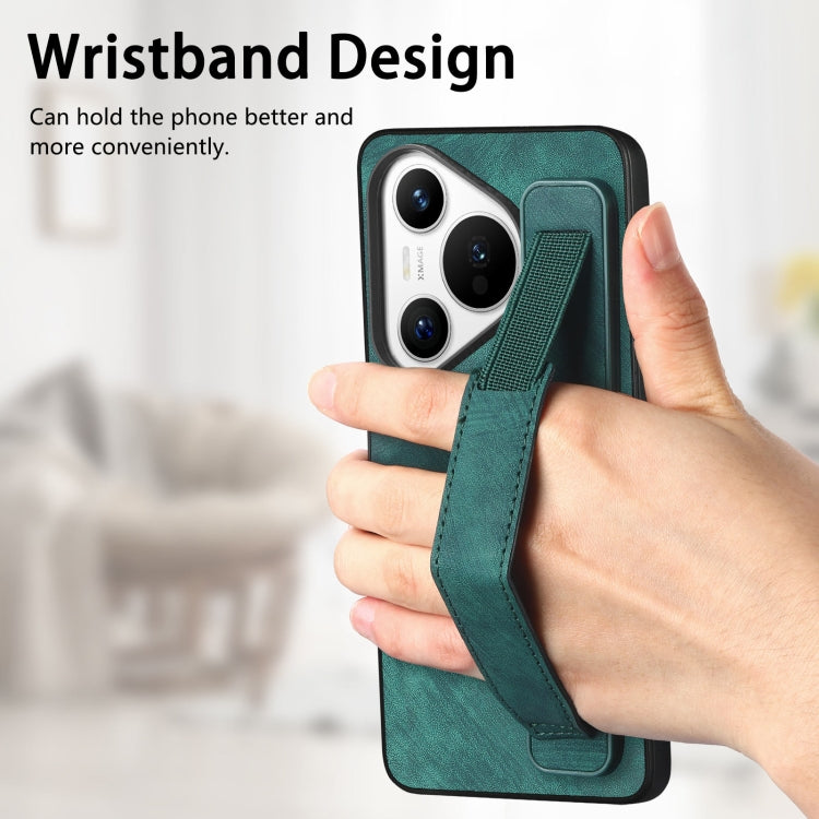 For Huawei Pura 70 Ultra Retro Wristband Holder Leather Back Phone Case(Green) - Huawei Cases by PMC Jewellery | Online Shopping South Africa | PMC Jewellery | Buy Now Pay Later Mobicred