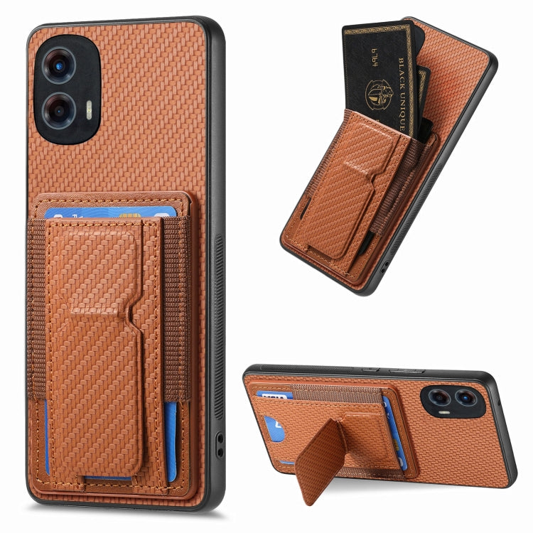 For Motorola Moto G 5G 2024 4G Carbon Fiber Fold Stand Elastic Card Bag Phone Case(Brown) - Motorola Cases by PMC Jewellery | Online Shopping South Africa | PMC Jewellery | Buy Now Pay Later Mobicred
