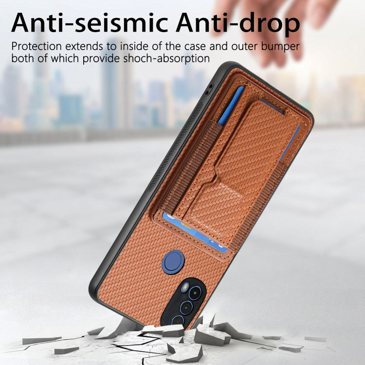 For Motorola Moto G 5G 2024 4G Carbon Fiber Fold Stand Elastic Card Bag Phone Case(Brown) - Motorola Cases by PMC Jewellery | Online Shopping South Africa | PMC Jewellery | Buy Now Pay Later Mobicred