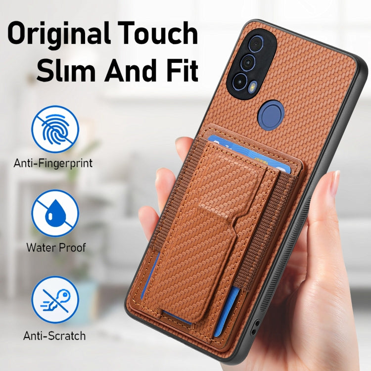 For Motorola Moto G 5G 2024 4G Carbon Fiber Fold Stand Elastic Card Bag Phone Case(Brown) - Motorola Cases by PMC Jewellery | Online Shopping South Africa | PMC Jewellery | Buy Now Pay Later Mobicred