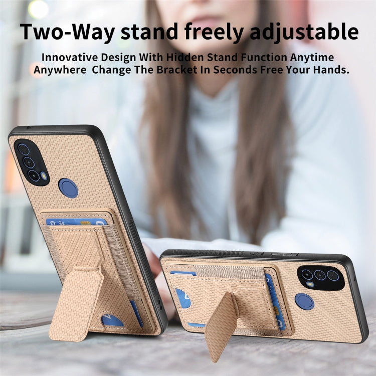 For Motorola Moto G 5G 2024 4G Carbon Fiber Fold Stand Elastic Card Bag Phone Case(Khaki) - Motorola Cases by PMC Jewellery | Online Shopping South Africa | PMC Jewellery | Buy Now Pay Later Mobicred