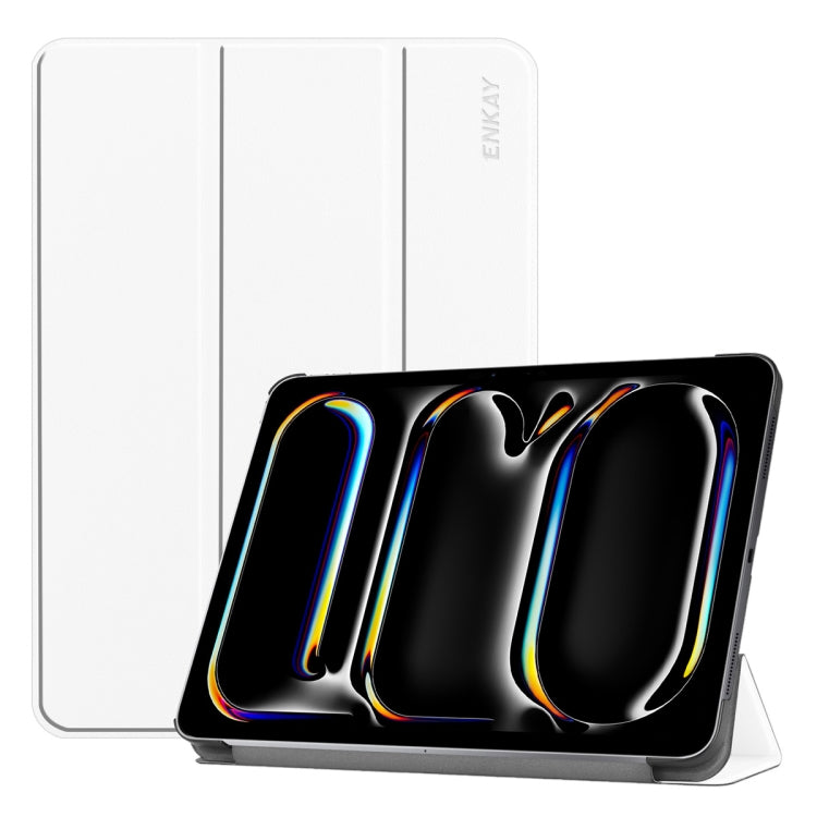 For iPad Pro 13 2024 ENKAY Tri-fold Custer Texture Platic Leather Smart Tablet Case(White) - free shipping - PMC TechLife - Order now!